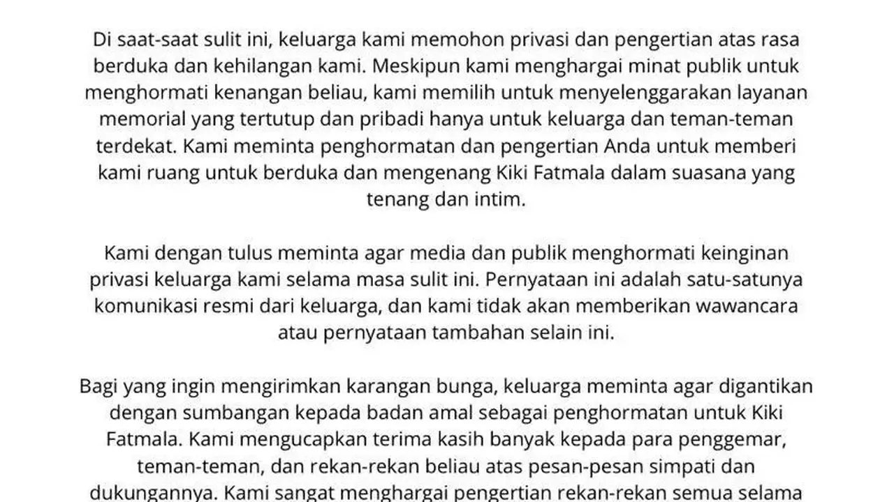 Unggahan soal Kiki Fatmala meninggal dunia. (Foto: Dok. Instagram @qq_fatmala)