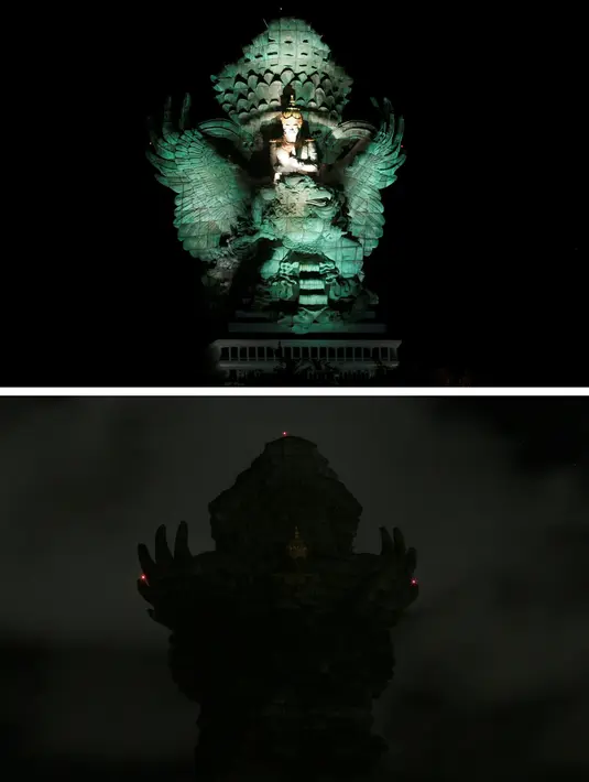 Foto kombinasi menunjukkan patung Garuda Wisnu Kencana sebelum (atas) dan selama Earth Hour di Kuta, Bali, Indonesia, Sabtu (30/3). (REUTERS/Johannes P. Christo)