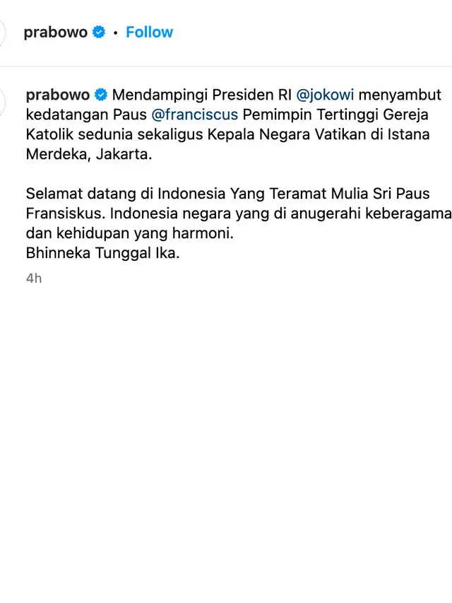 Unggahan Prabowo. (Foto: Dok. Instagram @prabowo)