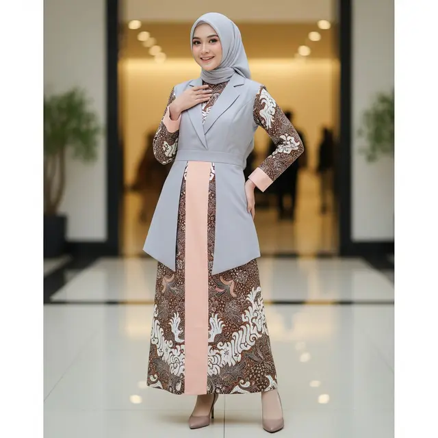 Model Gamis Batik Blazer Kombinasi Warna Kontras