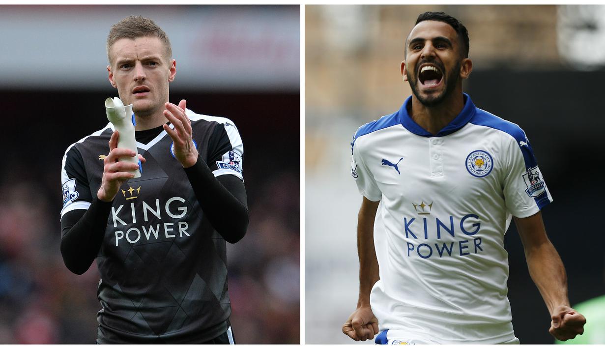 1. Jamie Vardy - Riyad Mahrez (8 gol), keberhasilan Leicester membuat kejutan dengan memuncaki klasemen Liga Inggris musim ini tak lepas dari kerjasama apik kedua pemain ini. (AFP)