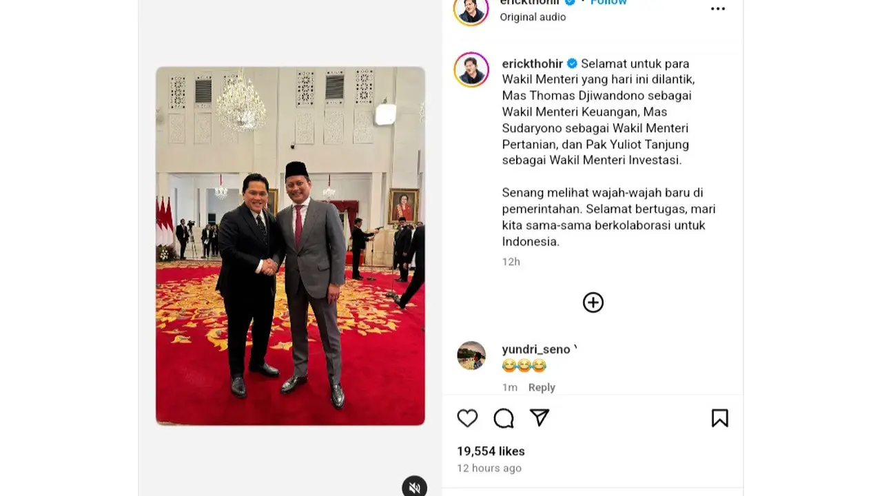 Menteri BUMN Erick Thohir memberikan pesan usai pelantikan sejumlah wakil menteri. (Foto: instagram Erick Tohir)