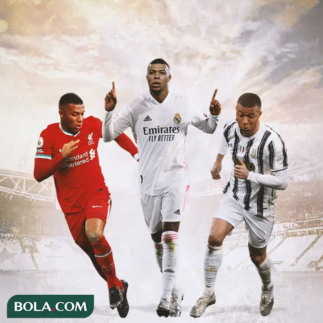 Ilustrasi - Kylian Mbappe montase pakai jersey Real Madrid, Juventus, Liverpool