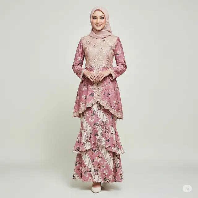 Inspirasi Dress Batik Brokat Tumpuk Dua Motif.