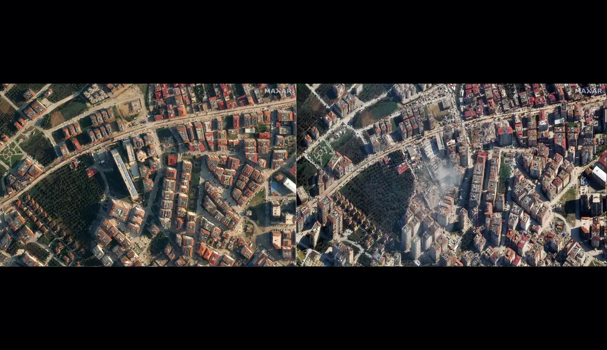 Kombinasi gambar yang dibuat dari citra satelit handout milik Maxar Technologies yang menunjukkan gambaran umum Antakya (foto kiri), Turki pada 22 Desember 2022, sebelum gempa bumi melanda wilayah tersebut pada 6 Februari 2023 dan gambaran umum wilayah Antakya (foto kanan), Turki pada 8 Februari 2023, setelah gempa bumi berkekuatan 7,8 SR yang melanda wilayah tersebut. Jumlah korban tewas gempa bumi besar yang melanda Turki dan Suriah terus bertambah dan diperkirakan naik di atas 12.000 orang pada 8 Februari 2023. (AFP/CITRA SATELIT ©2023 MAXAR TECHNOLOGIES)