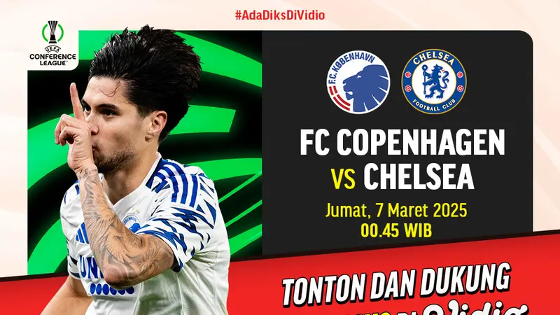 Dapatkan link siaran langsung Liga Konferensi UEFA: FC Copenhagen vs Chelsea di Vidio. saksikan dan dukung Kevin Diks yang berlaga di Liga Konferensi UEFA 2024/25 pada babak round of 16 hanya di Vidio. (sum. doc. vidio.com)