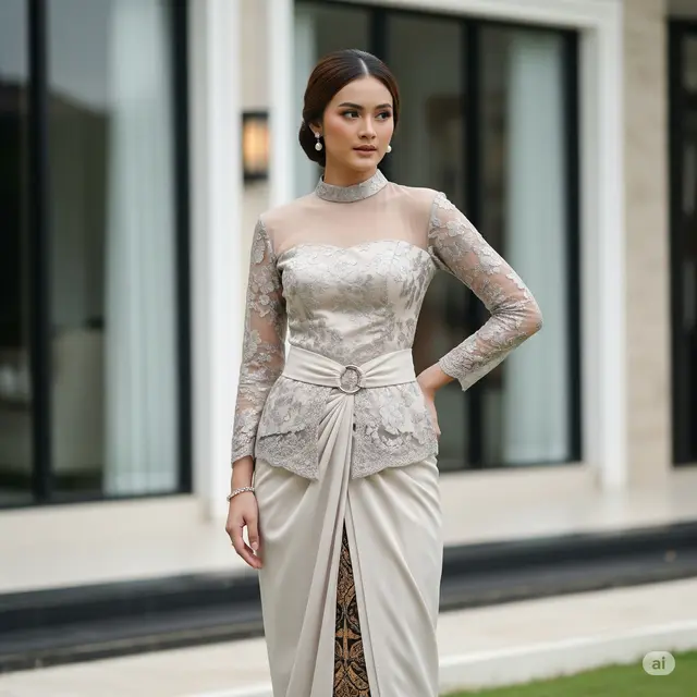 Model Kebaya Modern Brokat Batik dengan Rok Lilit