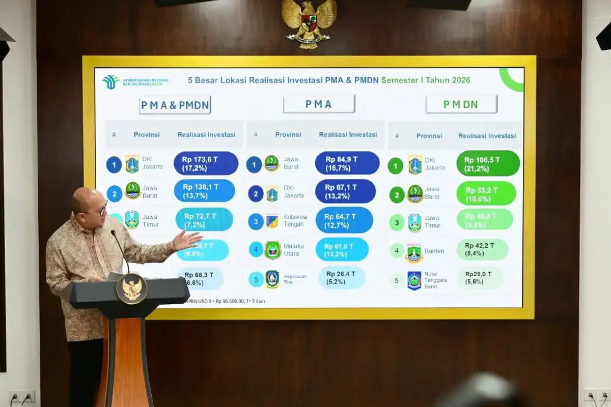 Menteri Investasi dan Hilirisasi/Kepala BKPM, Rosan P. Roeslani menyampaikan realisasi investasi dan hilirisasi Indonesia pada Semester I Tahun 2026 . (Dok BKPM)