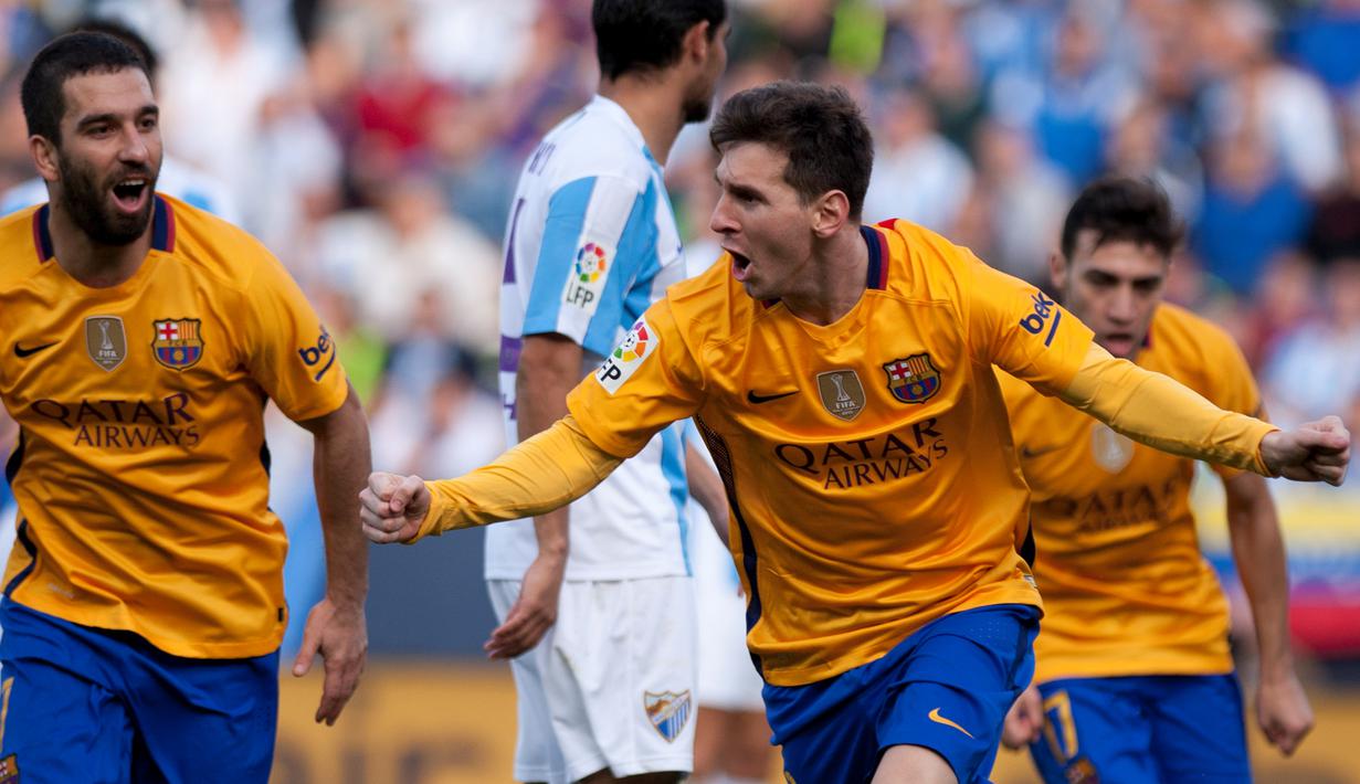 Ekspresi Lionel Messi setelah mencetak gol kedua Barcelona ke gawang Malaga dalam lanjutan La Liga Spanyol di Stadion La Rosaleda, Malaga, Sabtu (23/1/2016). (AFP/Jorge Guerrero)
