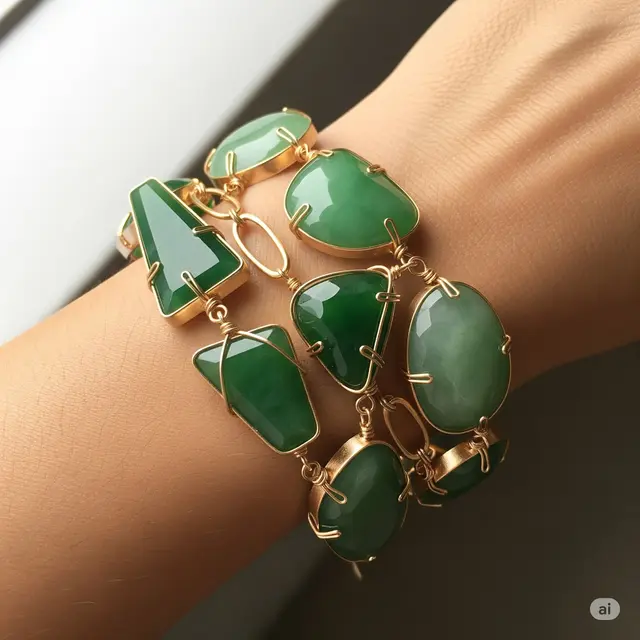 Gelang Giok Geometris Asimetris dengan Emas Kawat
