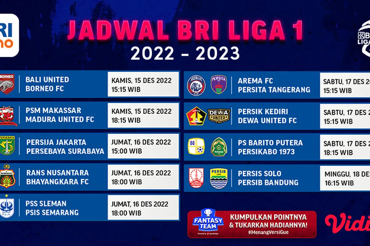 Link Live Streaming BRI Liga 1 Minggu ke-15  di Vidio, 15-18 Desember : Ada 9 Laga Seru