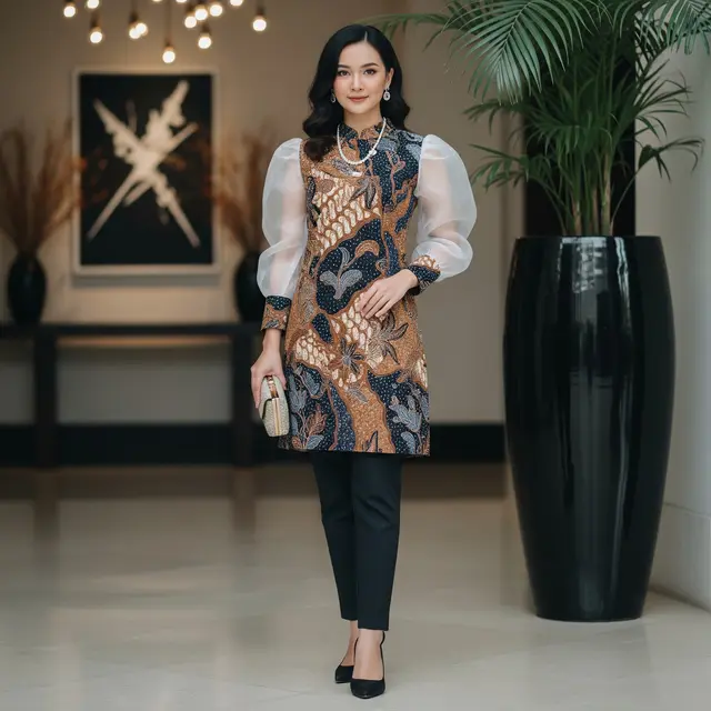 9 Model Tunik Batik Kombinasi Brokat Lengan Puff untuk Acara Semi Formal, Tampil Anggun