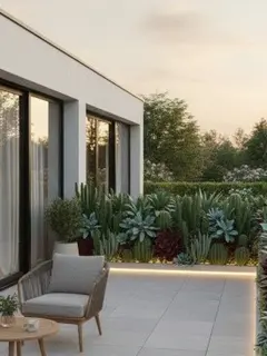 Teras Rumah dengan Pagar Tanaman Hidup (Gemini AI)