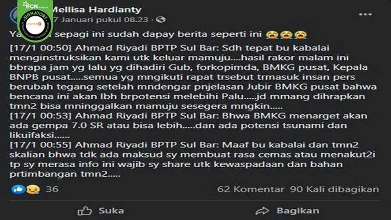 Gambar Tangkapan Layar Kabar tentang BMKG Imbau Warga Tinggalkan Mamuju Usai Dilanda Gempa (sumber: Facebook)