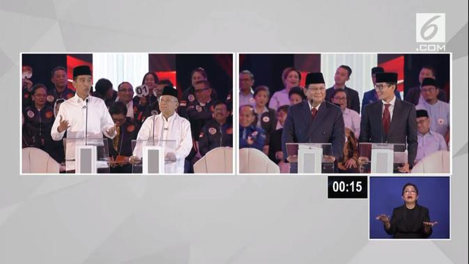 Pasangan Jokowi-Ma'ruf Amin dan Prabowo-Subianto saat debat capres cawapres 2019. (Liputan6.com)
