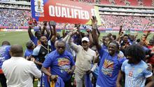 Para pemain dan staf pelatih DR Kongo merayakan kemenangan setelah lolos ke Piala Dunia selama pertandingan play-off final kualifikasi Piala Dunia 2026 antara Republik Demokratik Kongo dan Jamaika di Stadion Akron di Zapopan, negara bagian Jalisco, Meksiko, pada 31 Maret 2026. (Ulises Ruiz/AFP)