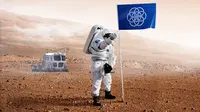 Ilustrasi bendera 'International Flag of Earth' ditancapkan di Mars (Credit: Oskar Pernefeldt / Bsmart)