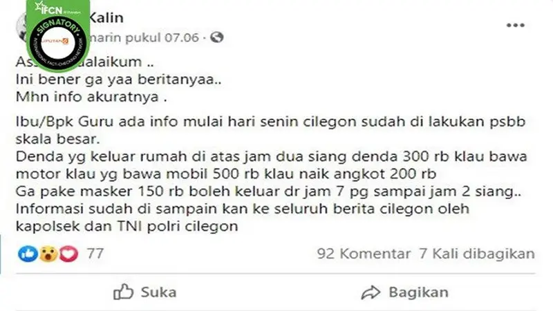 Gambar Tangkapan Layar Kabar Hoaks tentang Denda PSBB di Cilegon