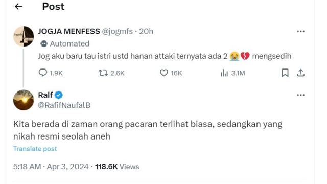 Warganet Kembali Angkat Isu Ustaz Hanan Attaki Poligami Malah Banjir Komentar Julid