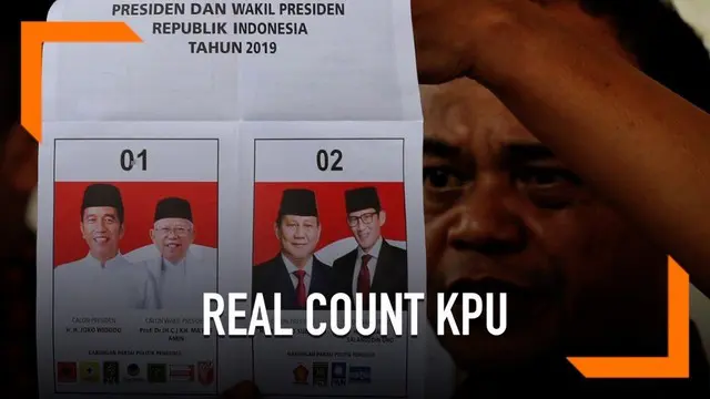 KPU terus melakukan perhitungan suara atau real count. Berdasarkan situs resmi KPU hingga pukul 17.00 WIB, pasangan Jokowi-Ma'ruf masih unggul dari Prabowo-Sandiaga.