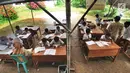 Aktivitas belajar mengajar di luar ruangan murid Sekolah Dasar Negeri (SDN) Mutiara di Kampung Pasir Bayur, Cibeber II, Bogor, Selasa (3/4). Di sekolah itu, hanya tersisa 2 ruangan yang dipergunakan bagi kelas 6 dan ruangan guru. (Merdeka.com/Arie Basuki)