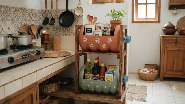 Inspirasi rak penyimpanan dari galon bekas untuk dapur mungil model bertingkat dari dua galon bekas