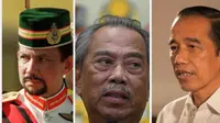 Sultan Brunei Hassanal Bokiah, PM Malaysia Muhyiddin Yassin, dan Presiden RI Jokowi. Dok: AFP dan Biro Pers Kepresidenan