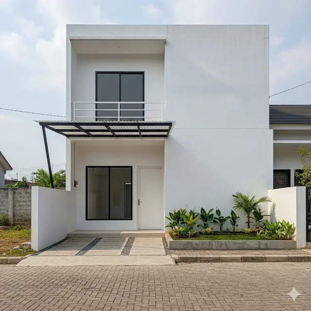 Model Rumah 2 Lantai Hemat Biaya dengan Atap Datar. Gemini