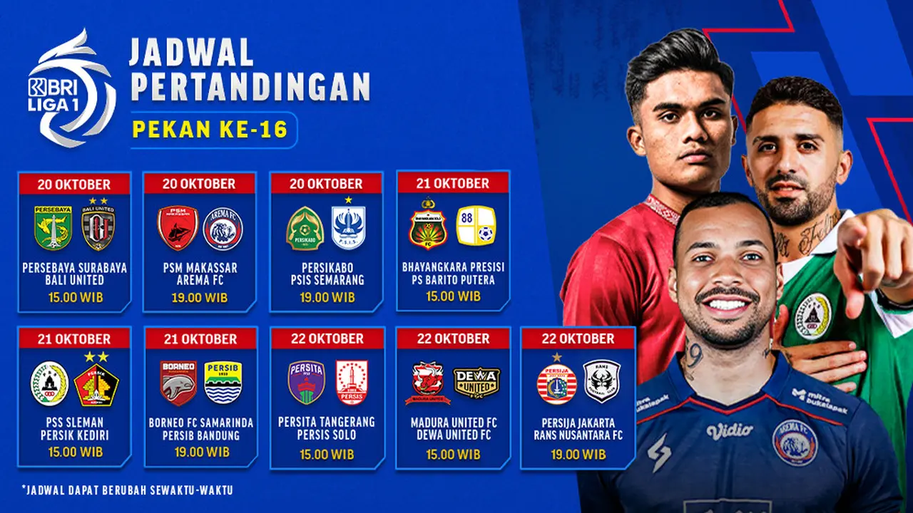 Jadwal dan Live Streaming BRI Liga 1 2023/2024 Pekan 16 di Vidio