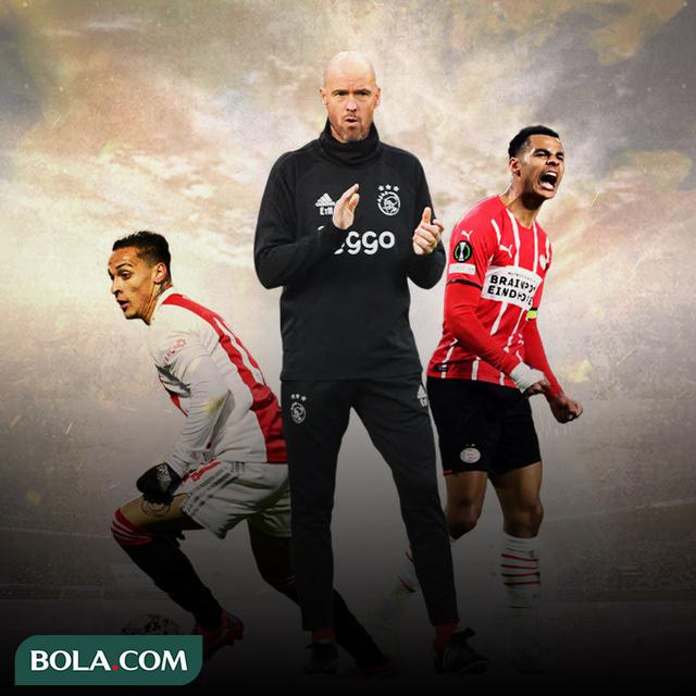 Ilustrasi - Erik ten Hag dikelilingi Antony dan Cody Gakpo