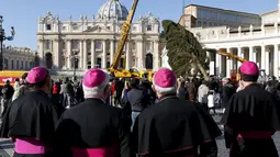 Sejumlah uskup melihat pekerja mendirikan pohon Natal di Lapangan Santo Petrus, Vatikan, Kamis (19/11/2015). Pohon natal setinggi 25 meter tersebut disumbang dari wilayah Bavaria di Jerman. (Reuters/ Stefano Rellandini)