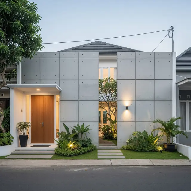 Model Depan Rumah Coran dengan Dinding Setengah Terbuka