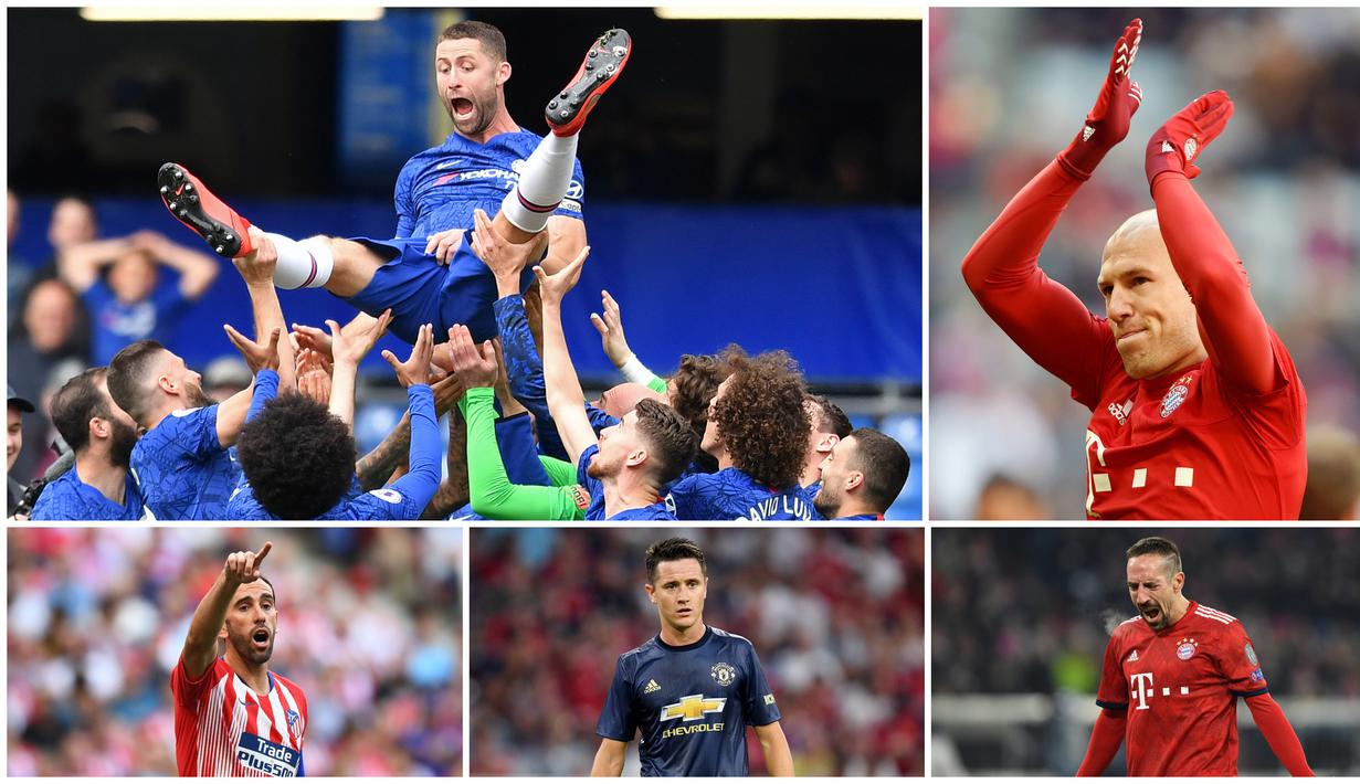 Berikut ini enam pemain yang memutuskan untuk meninggalkan klub yang telah lama dibelanya. Diantaranya adalah Gary Cahill, Diego Godin dan Arjen Robben. (Foto Kolase AP dan AFP)