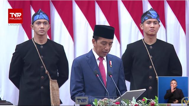 Presiden Joko Widodo (Jokowi) menghadiri Pidato Kenegaraan Presiden RI Tentang RAPBN Tahun Anggaran 2024 Beserta Nota Keuangan di Gedung MPR DPR, Jakarta.