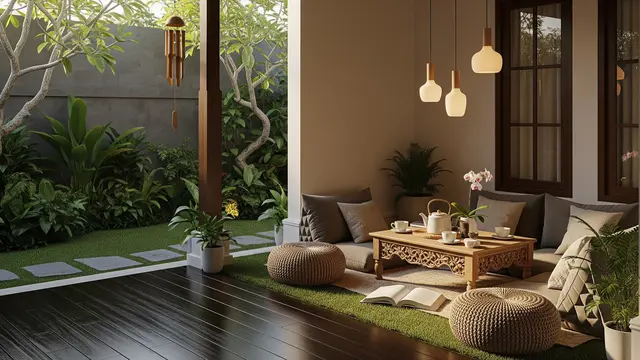 Desain Teras Samping Estetik Terhubung dengan Taman/ Ilustrasi AI