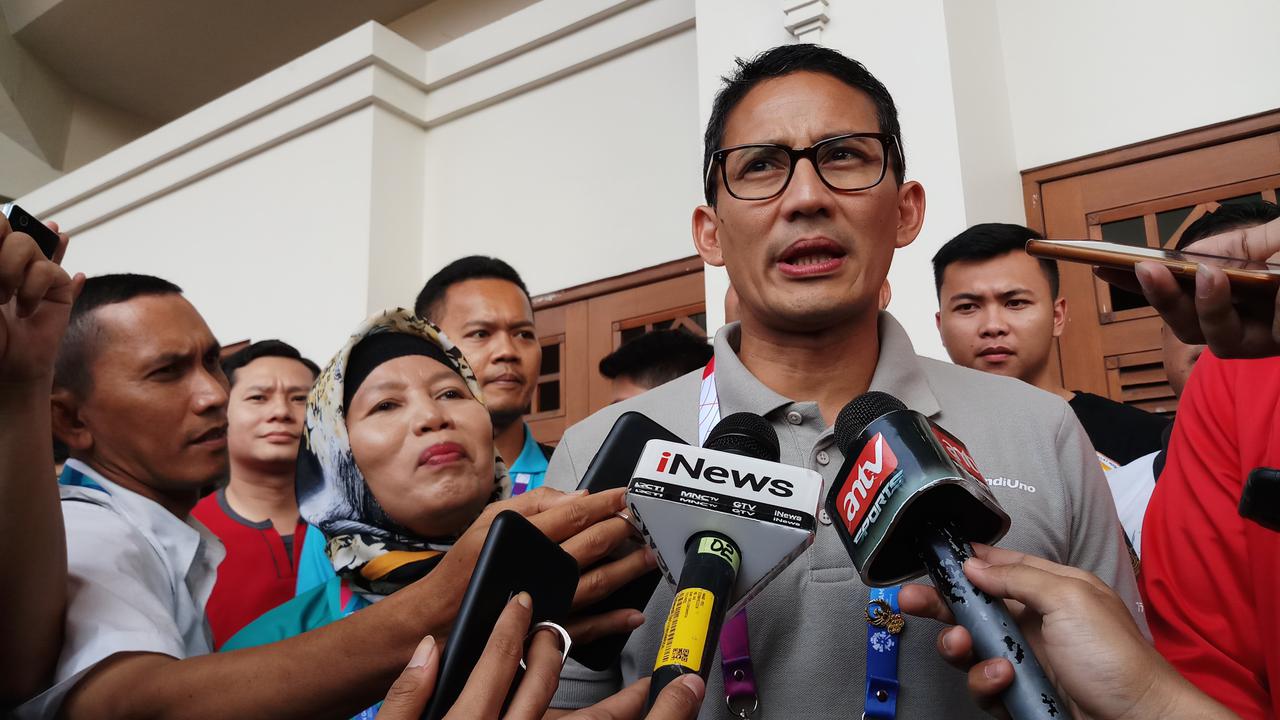 Sandiaga Uno hadir menyaksikan pencak silat di Asian Games (Liputan6.com /Ady Anugrahadi)