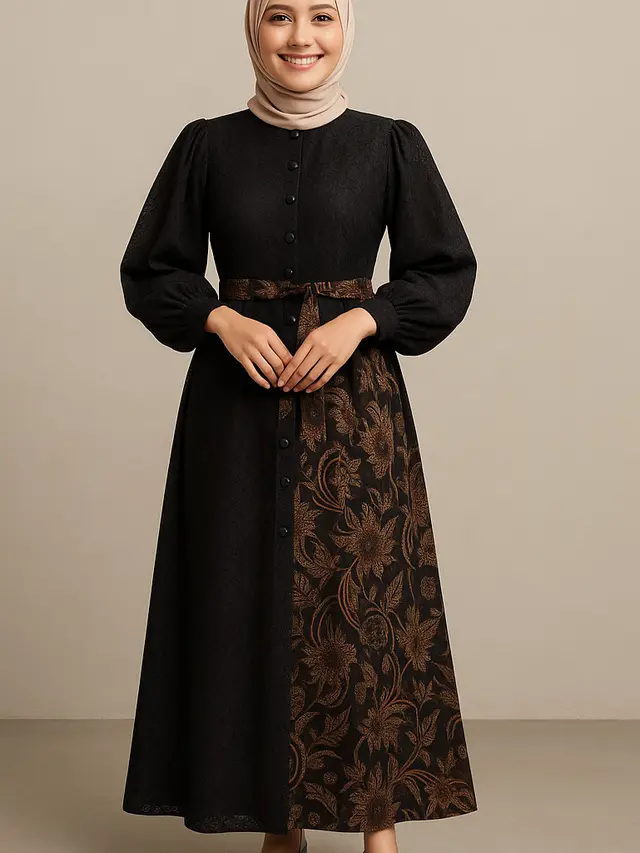 Model Long Dress Brokat Kombinasi Batik Modern Lengan Bishop/Ilustrasi Gambar AI