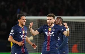 Selebrasi Khvicha Kvaratskhelia dalam laga PSG vs Bayern Munchen di leg pertama semifinal Liga Champions 2025/2026, Rabu (29/4/2026). (AP Photo/Aurelien Morissard)