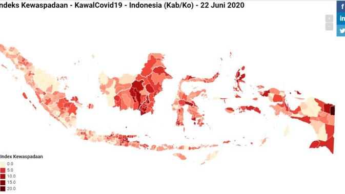 Indeks Kewaspadaan KawalCOVID19.id untuk melihat risiko sebaran COVID-19 per kabupaten/kota Indonesia. (Dok KawalCOVID19.id)