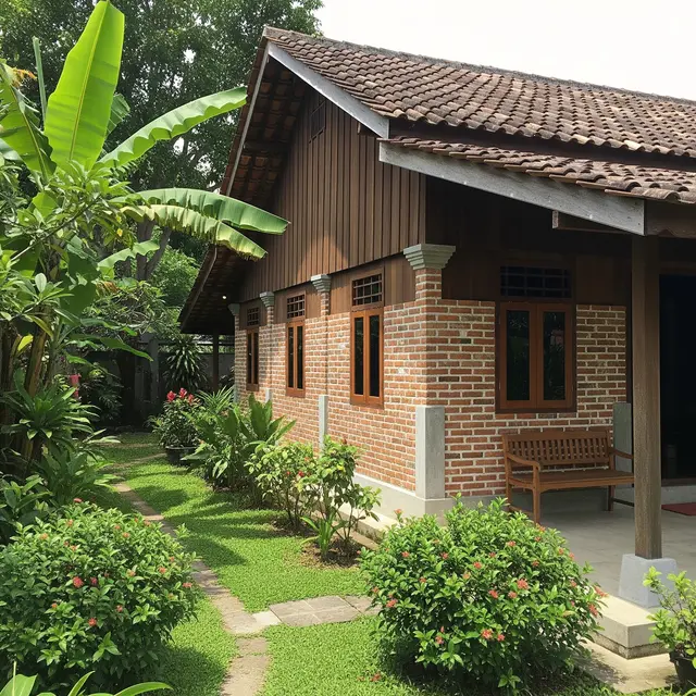 Rumah Kampung Kombinasi Kayu dan Bata Ekspos (Gemini AI)