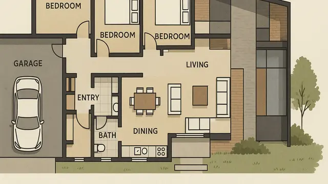 8 Denah Rumah 1 Lantai 3 Kamar Tidur dan Garasi/Ilustrasi Gambar AI