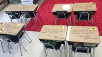 Untuk memotivasi muridnya dalam ujian akhir sekolah, guru Chandni Langford membuat berbagai tulisan menyentuh di meja belajar.