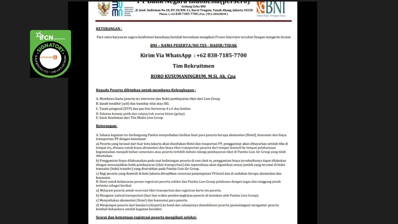 Tangkapan layar informasi surat pemanggilan seleksi pegawai BNI,