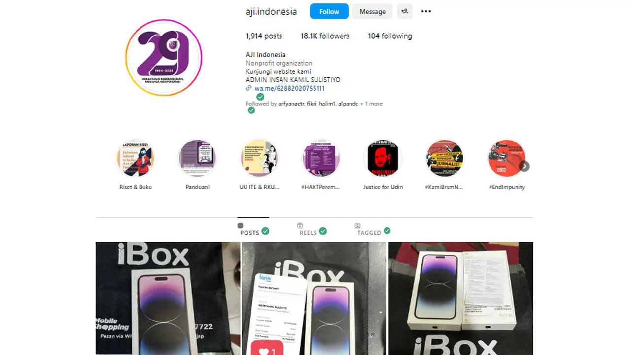 Tangkapan layar akun Instagram AJI diretas