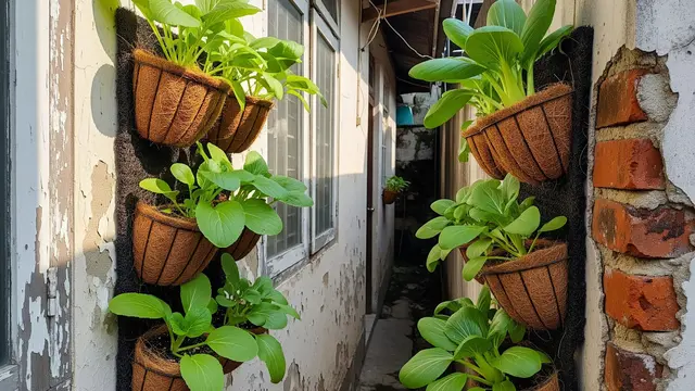 Ide Kebun Sayur di Pot Gantung Sabut Kelapa Alami (AI)