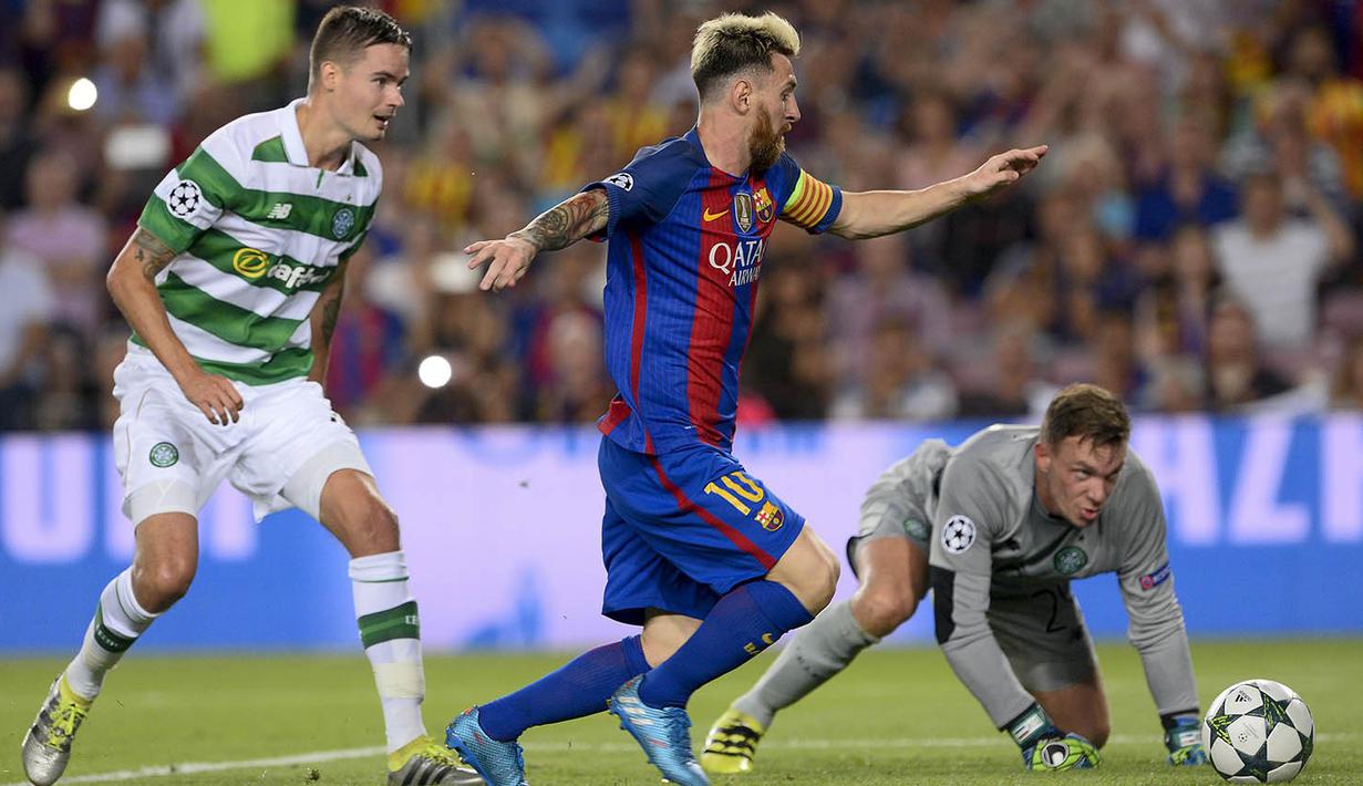 Grup C - Lionel Messi cetak hat-trick, Barcelona secara meyakinkan menaklukkan Celtic 7-0. Hasil postif juga diraih pesaing Barca, Manchester City yang menang 4-0 atas wakil Jerman, Borussi M'Gladbach. (AFP/Josep Lago)