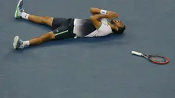 Selebrasi petenis Kroasia, Marin Cilic, usai menumbangkan Kei Nishikori (Jepang) di final tunggal putra turnamen tenis US Open 2014, New York, (8/9/2014). (REUTERS/Shannon Stapleton)