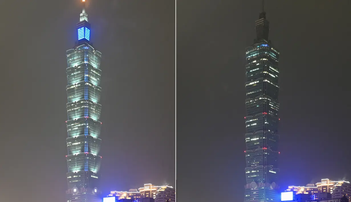 <p>Kombinasi foto ini menunjukkan Taipei 101, gedung komersial setinggi 508 meter, dengan lampu menyala dan mati selama kampanye lingkungan Earth Hour di Taipei pada 25 Maret 2023. (Photo by Sam Yeh / AFP)</p>