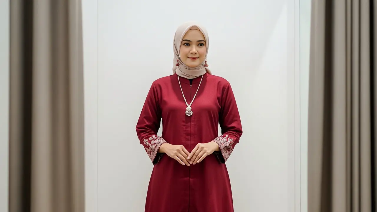 Gamis Batik Maroon dengan Aksen Ruffle Brokat