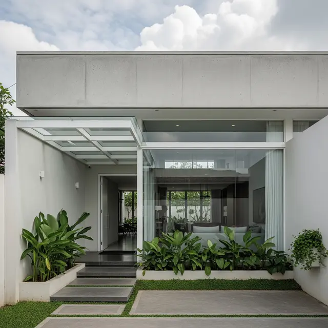 rumah atap datar dari beton dan kanopi kaca (Gemini AI)